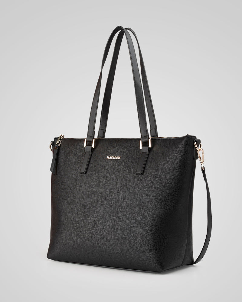 Inga Large Zip Top Tote Bag With Laptop Pocket + Monogram Stripe Bag Strap - 0