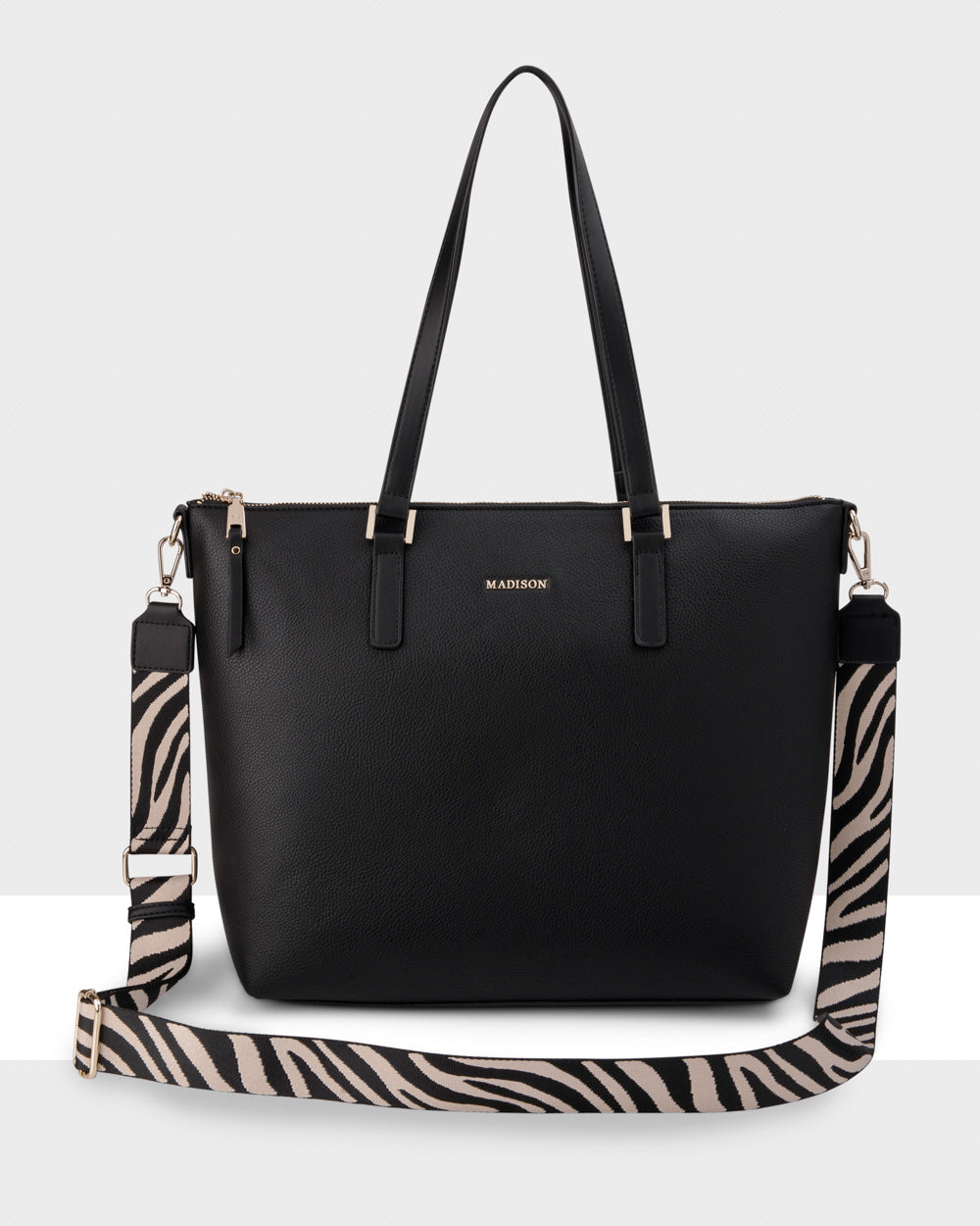 Inga Large Zip Top Tote Bag With Laptop Pocket + Zebra Bag Strap