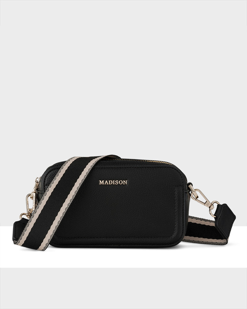 Maddie Double Zip Camera Crossbody Bag + Stripe Bag Strap