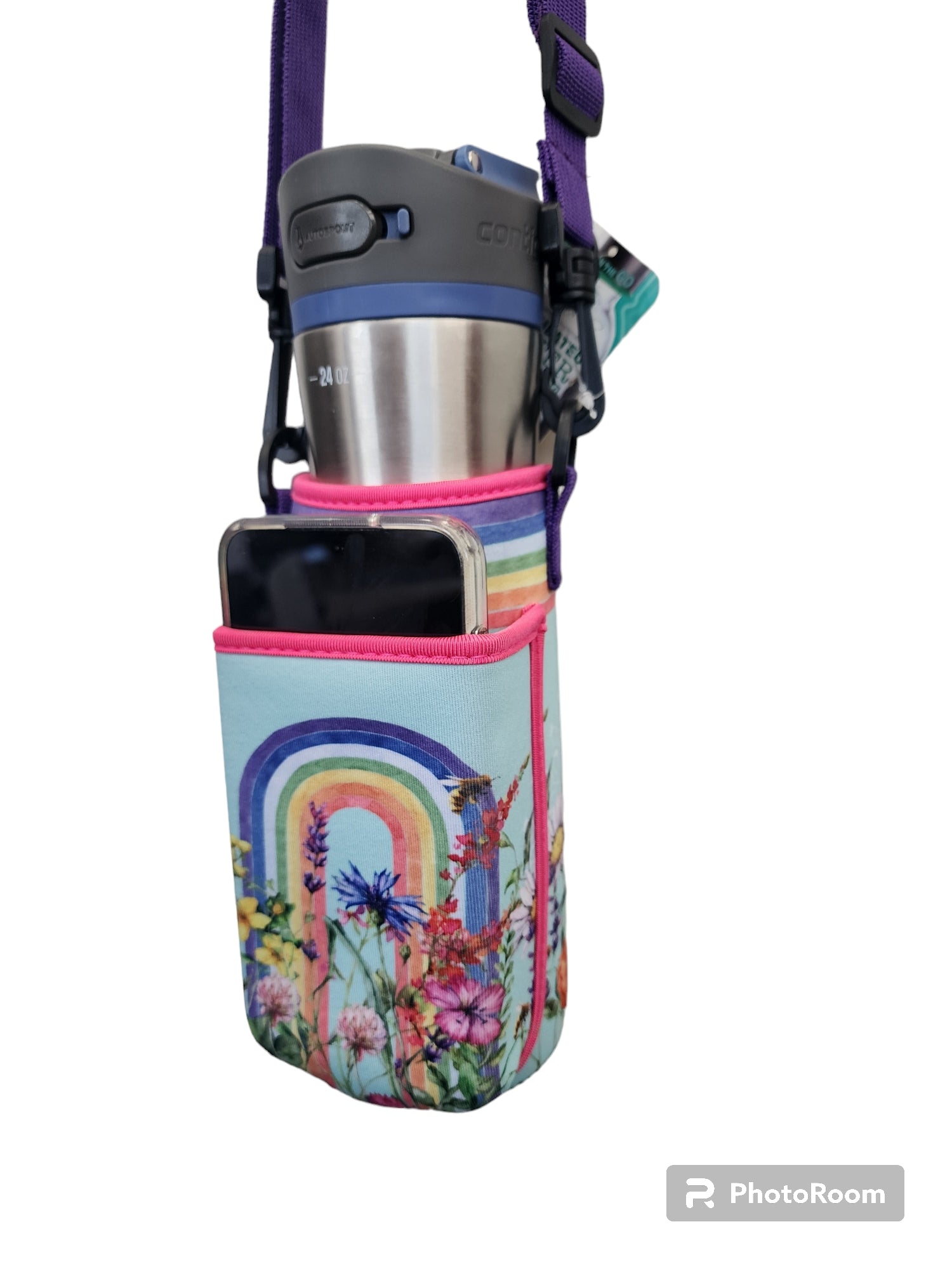 Neoprene Bottle/Phone Carrier - Wildflower Rainbow