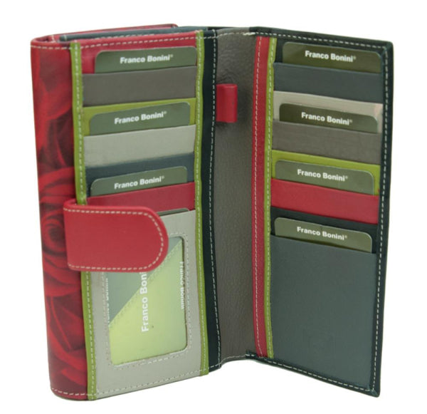 Franco Bonini - 4206 Classic Flap Over Ladies Leather Wallet - Rose Print