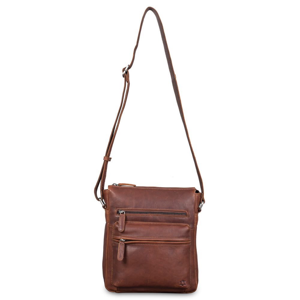 Leather Culture - 22-111 Sleek Leather Front Zips Leather Side Bag - Cognag