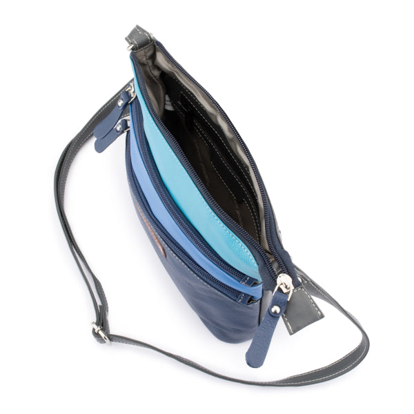 Franco Bonini LB172 Black 3zip long strap sm shoulder bag- Blue Multi-3