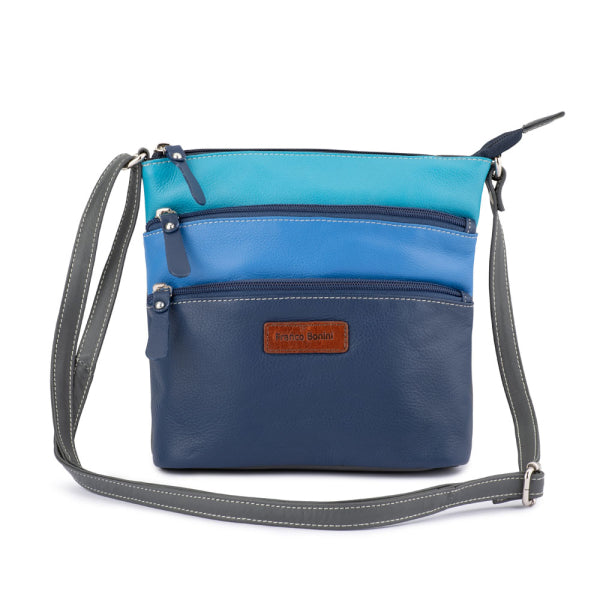 Franco Bonini LB172 Black 3zip long strap sm shoulder bag- Blue Multi