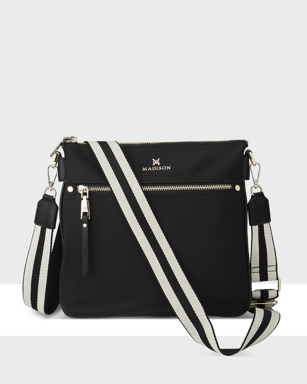 Renee Nylon Zip Top 2 Compartment Crossbody Bag + Stripe Bag Strap