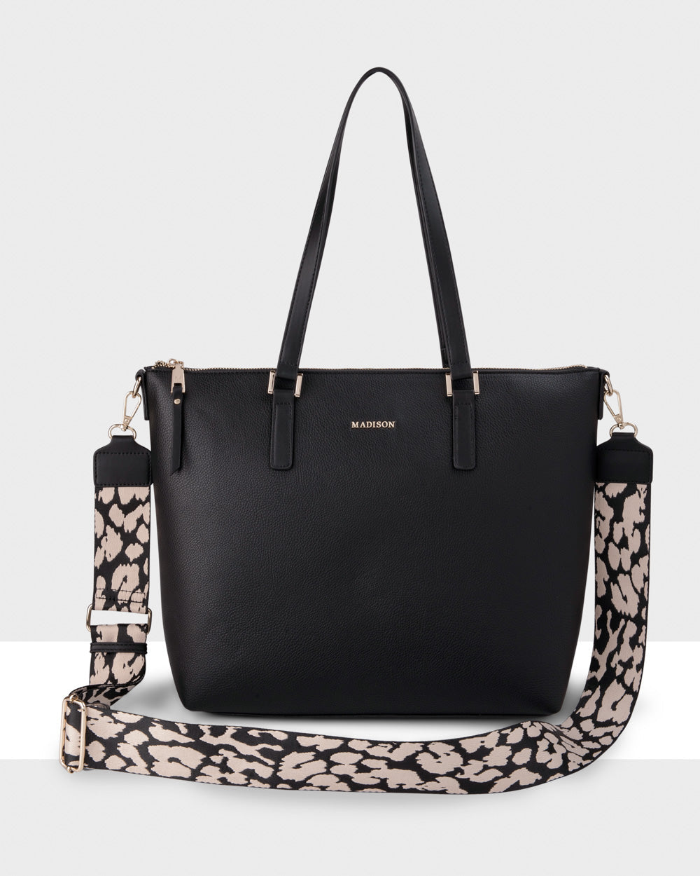 Inga Large Zip Top Tote Bag With Laptop Pocket + Leopard Bag Strap