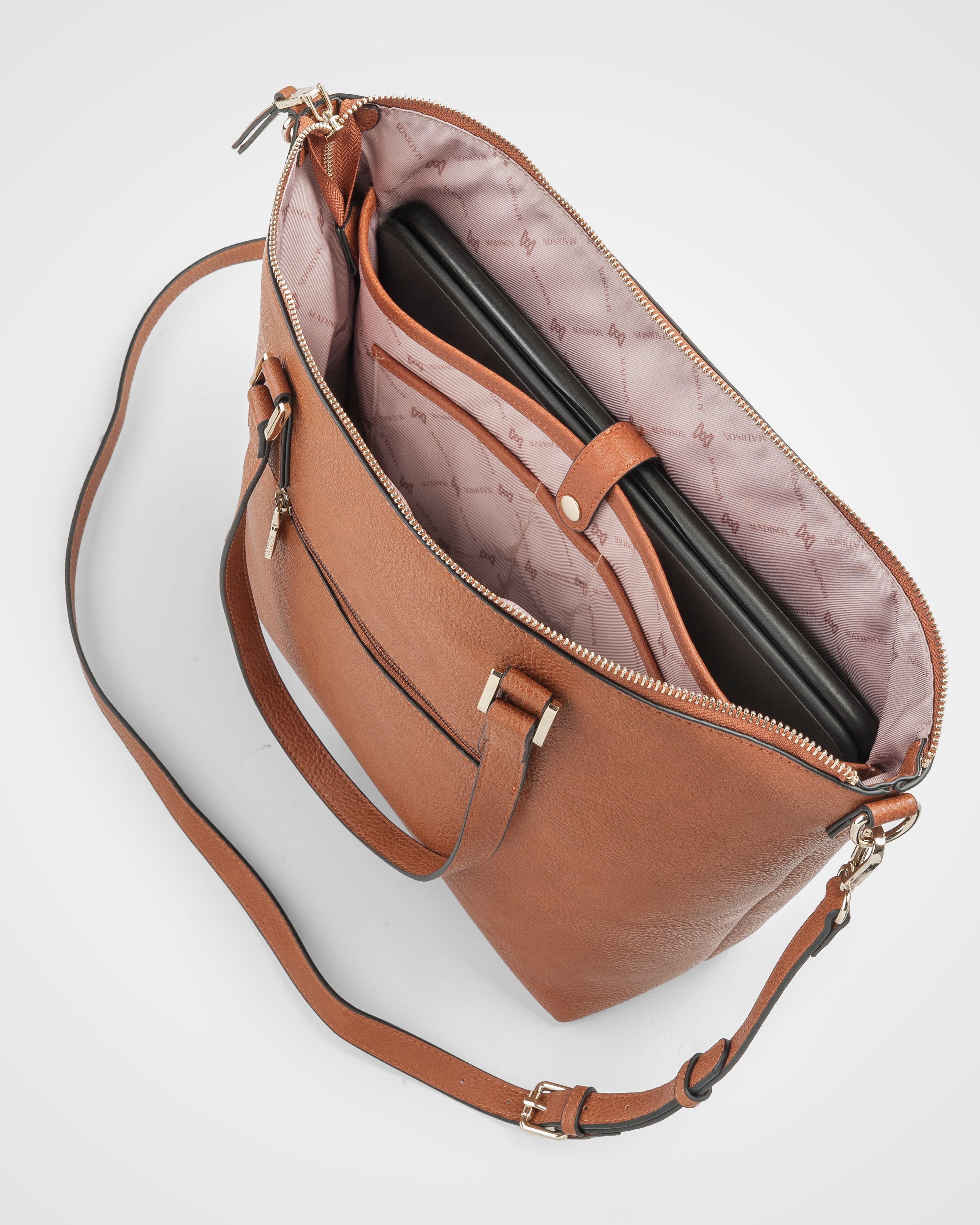 Inga Large Zip Top Tote Bag With Laptop Pocket + Monogram Bag Strap-6