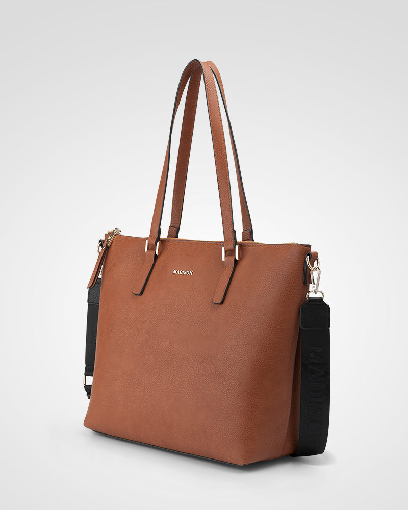 Inga Large Zip Top Tote Bag With Laptop Pocket + Monogram Bag Strap