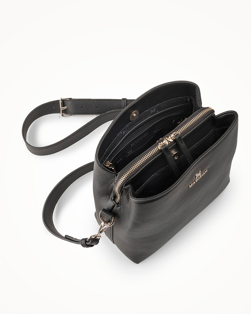 Joanie 3 Compartment Crossbody Bucket Bag + Monogram Bag Strap