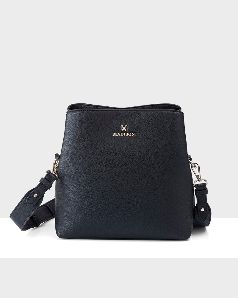 Joanie 3 Compartment Crossbody Bucket Bag + Monogram Bag Strap