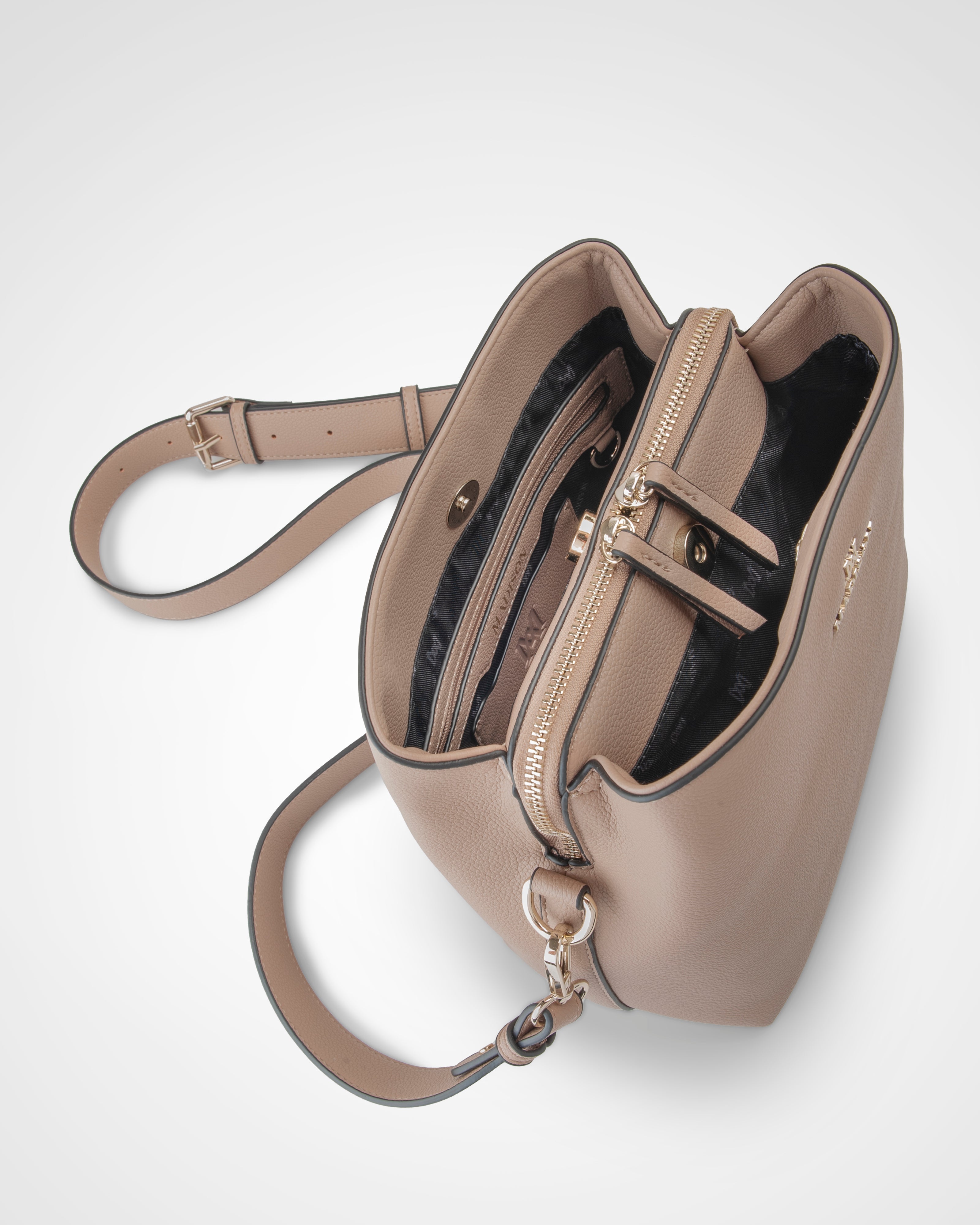 Joanie 3 Compartment Crossbody Bucket Bag + Monogram Bag Strap