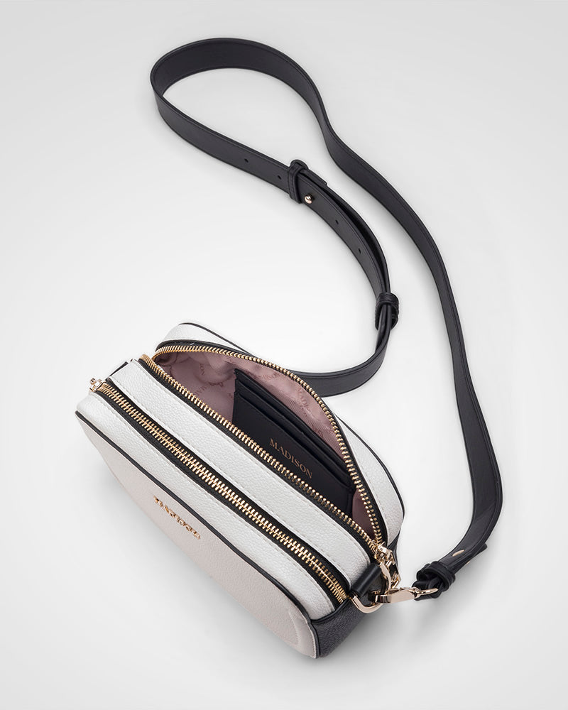 Maddie Double Zip Camera Crossbody Bag + Stripe Bag Strap