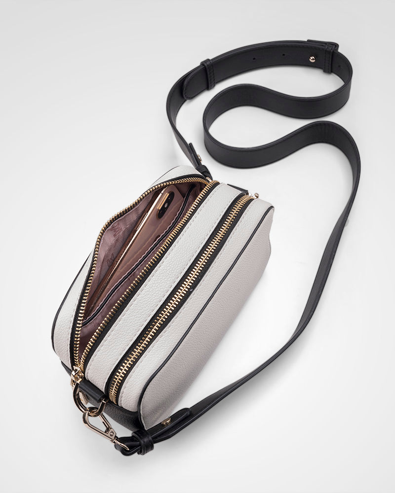 Maddie Double Zip Camera Crossbody Bag + Stripe Bag Strap