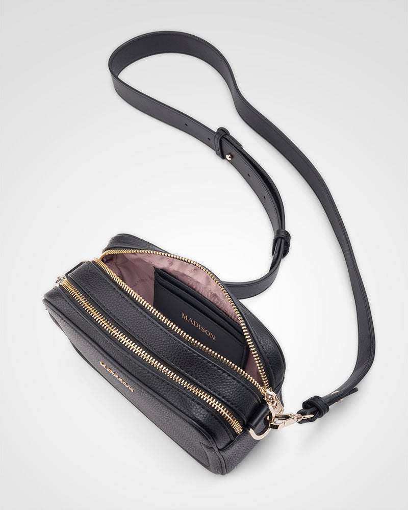 Maddie Double Zip Camera Crossbody Bag + Stripe Bag Strap