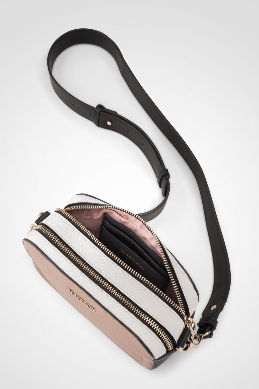 Maddie Double Zip Camera Crossbody Bag + Stripe Bag Strap