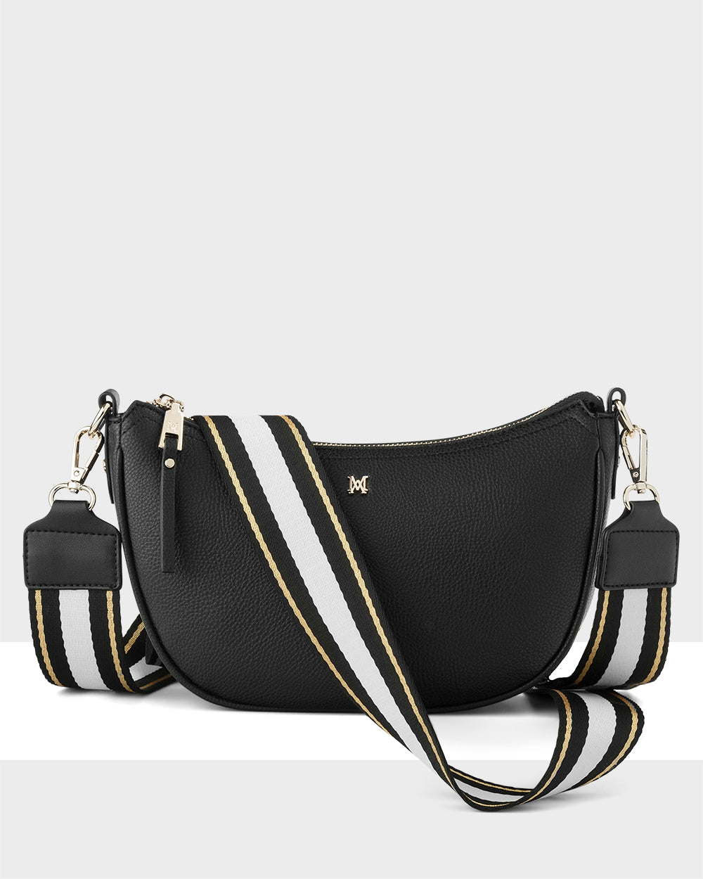 Layla Zip Top Curved Crossbody With Metallic Stripe Strap