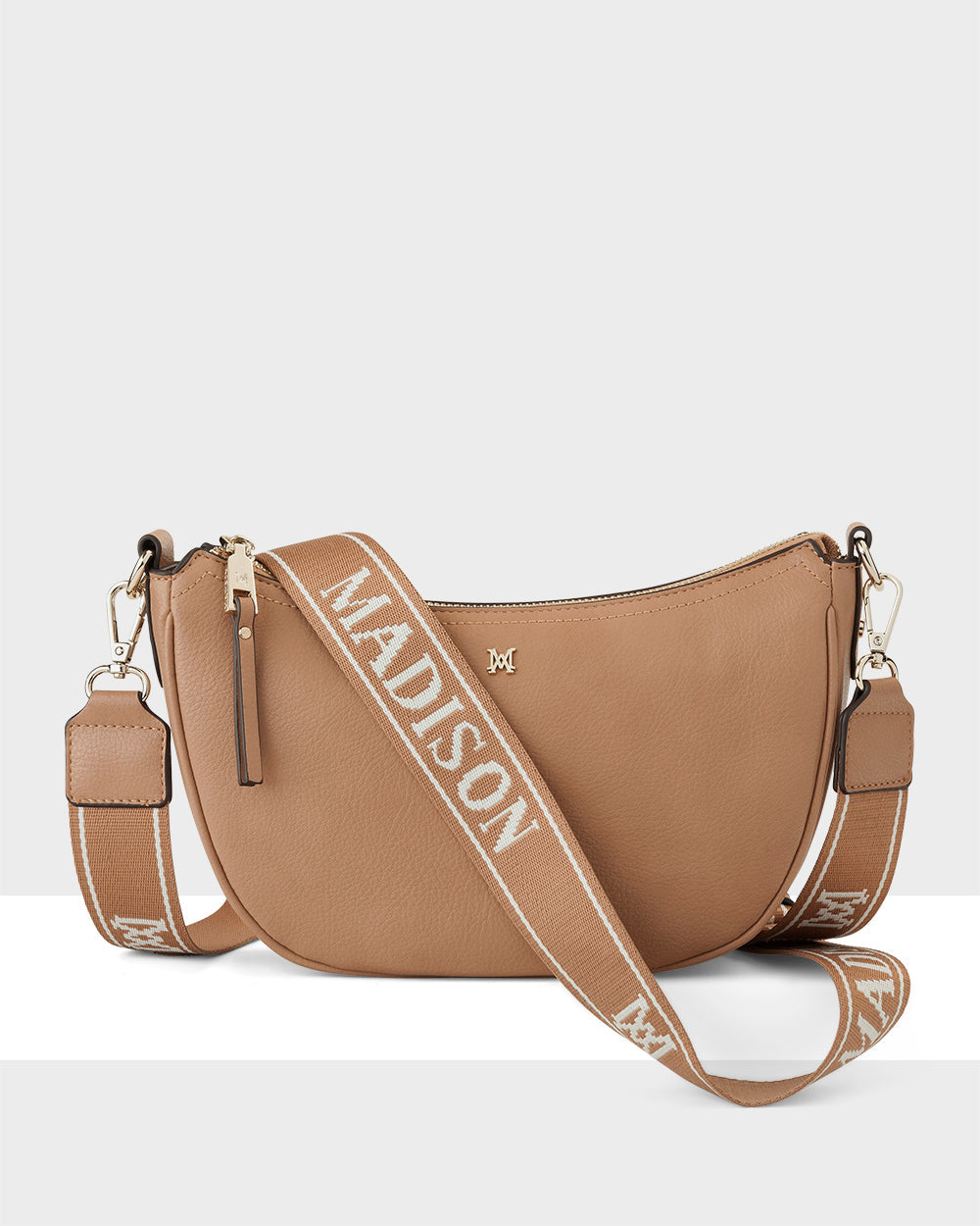Layla Zip Top Curved Crossbody With Monogram Stripe Strap