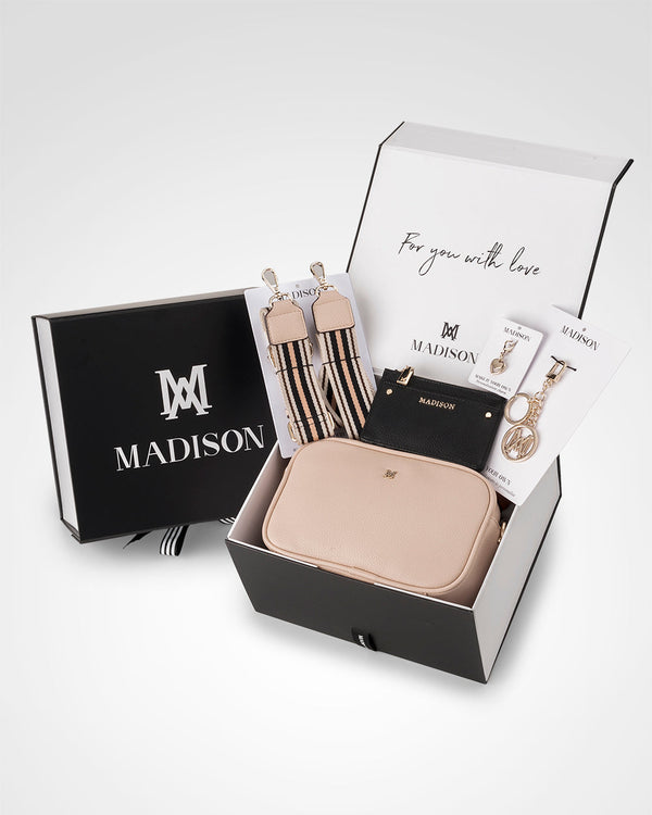 Monica Stripe 5 Piece Giftbox - Handbag, Bag Strap, Cardholder, Keychain & Personalisation Charm