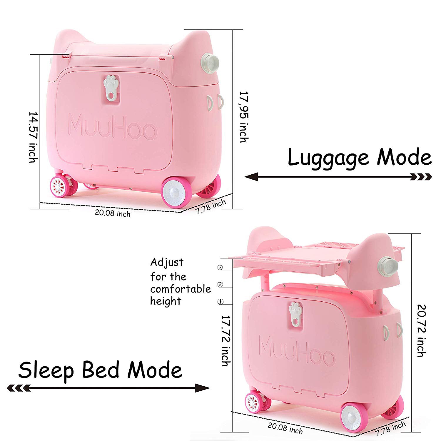 MooHuu - Kids Carry-on Rolling Luggage - Pink