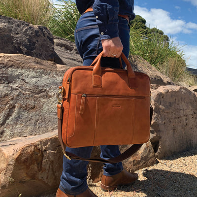 Pierre Cardin Rustic Leather Computer Bag with Double Handles and Front Zip Compartment