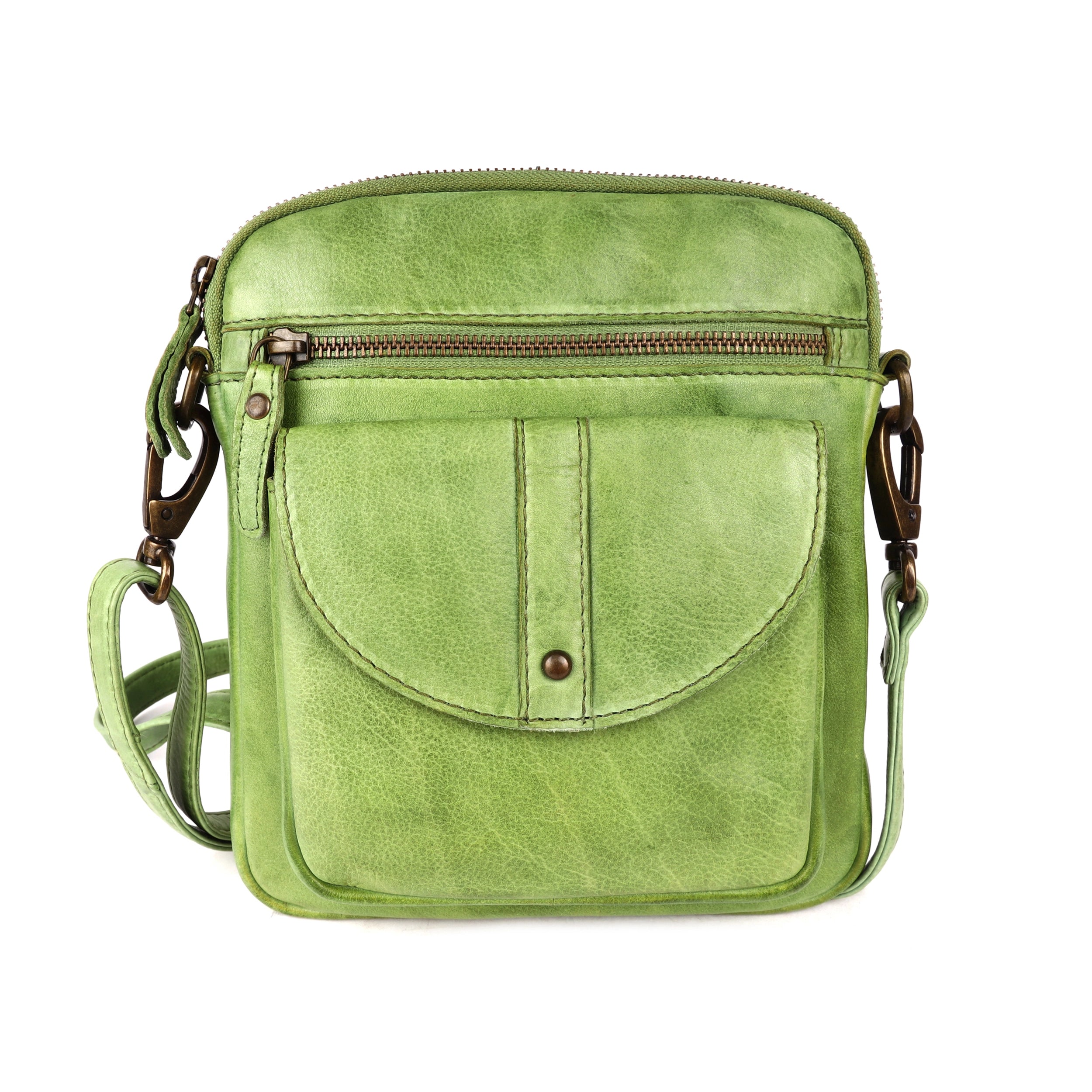 Oran - RH4911 Helen Leather sidebag ziptop and flap pocket - Apple Green