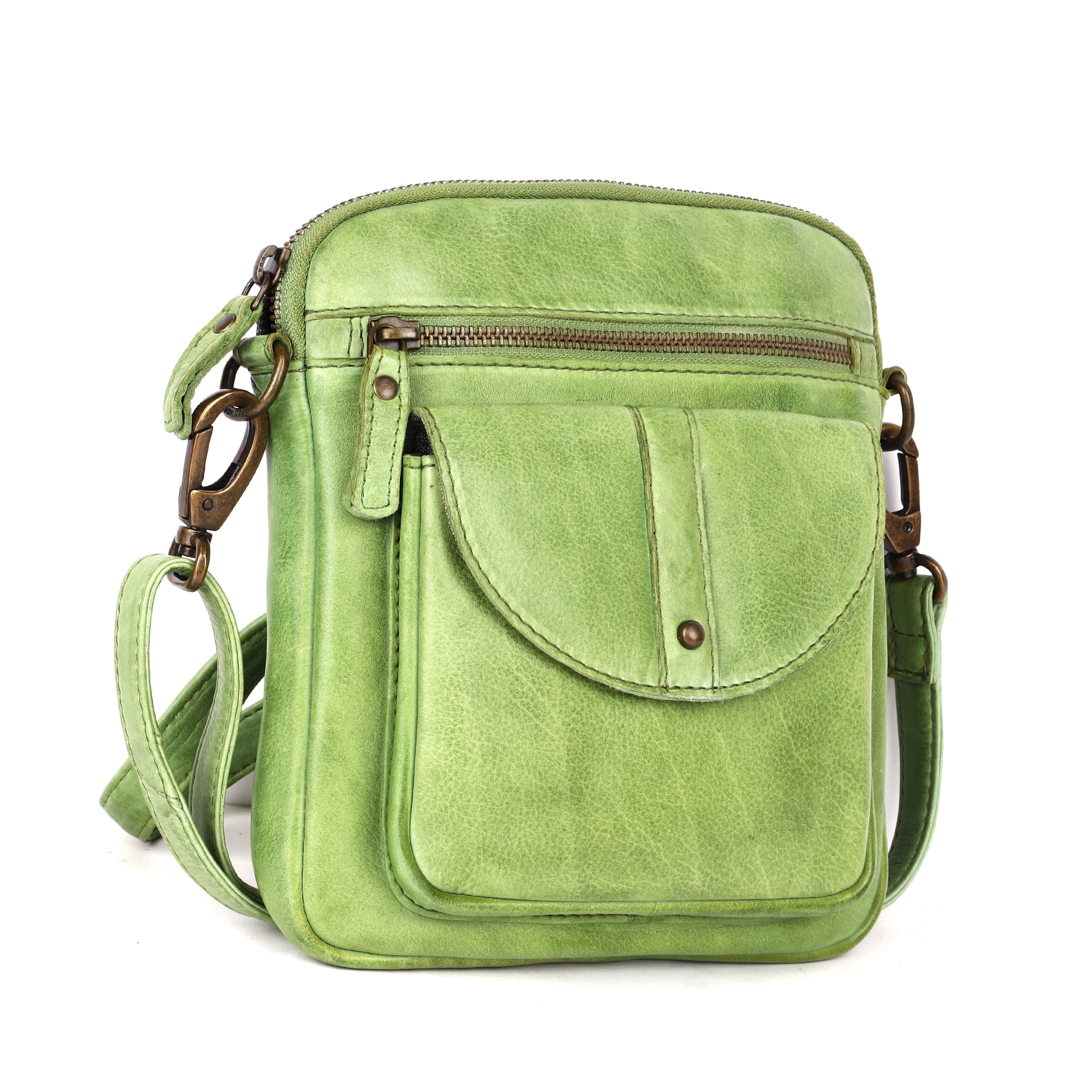 Oran - RH4911 Helen Leather sidebag ziptop and flap pocket - Apple Green