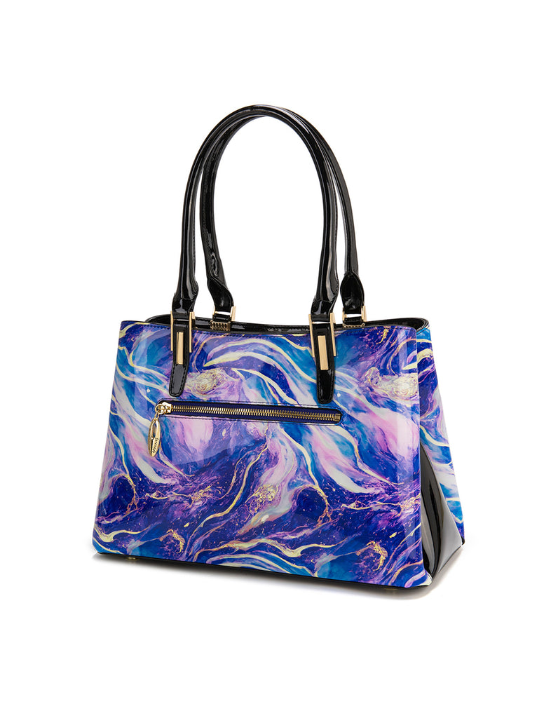 Serenade - Rae Large Patent leather grip handle bag - Blue Purple Multi