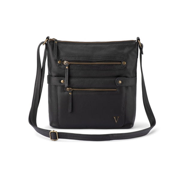 Verona - VCB-004 Leather top zip shoulder bag front pockets - Black