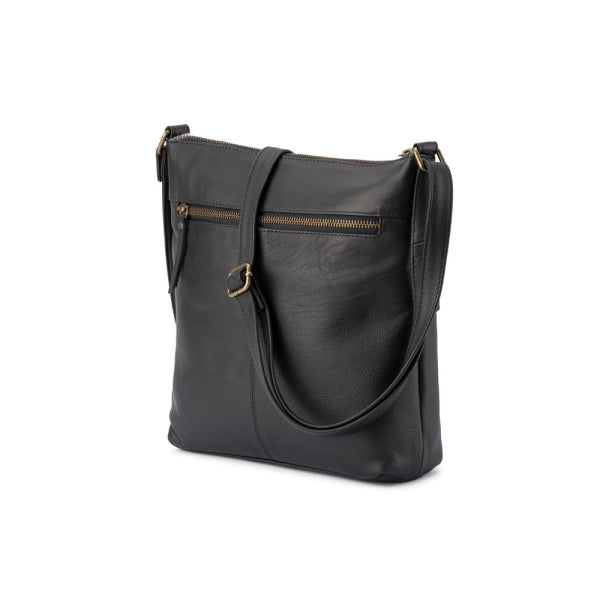 Verona - VCB-004 Leather Top Zip Shoulder Bag Front Pockets - Black