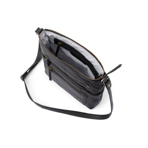 Verona - VCB-004 Leather Top Zip Shoulder Bag Front Pockets - Black