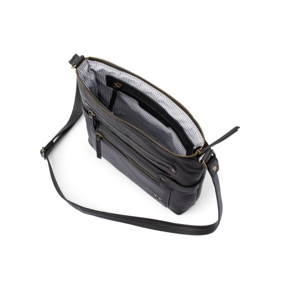 Verona - VCB-004 Leather Top Zip Shoulder Bag Front Pockets - Black