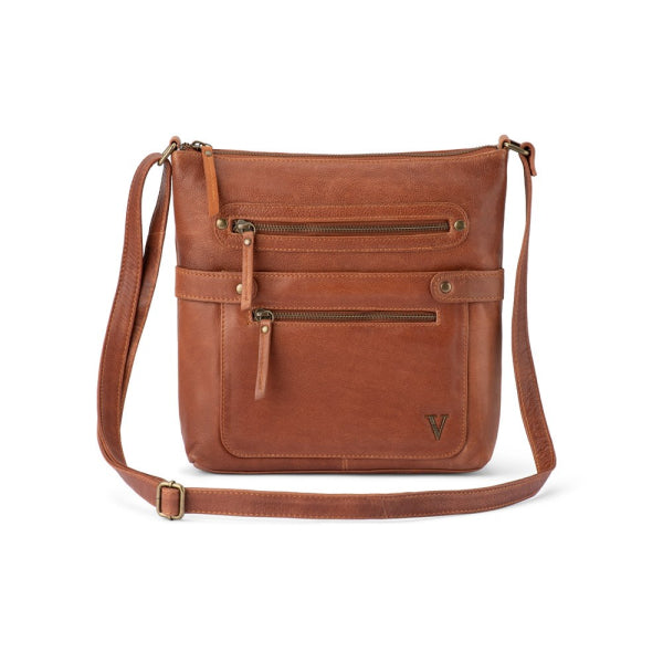 Verona - VCB-004 Leather Top Zip Shoulder Bag Front Pockets - Cognac