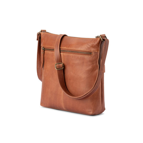 Verona - VCB-004 Leather Top Zip Shoulder Bag Front Pockets - Cognac