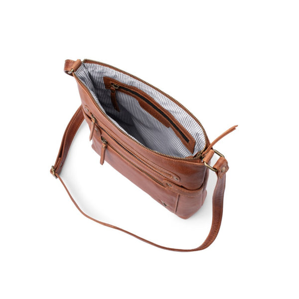 Verona - VCB-004 Leather Top Zip Shoulder Bag Front Pockets - Cognac