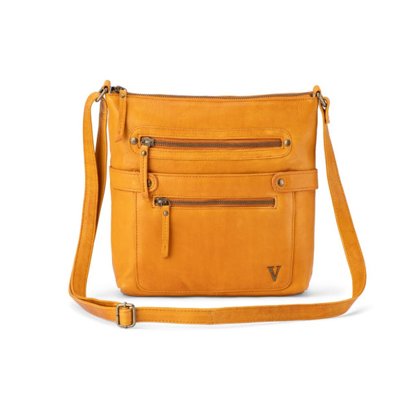 Verona - VCB-004 Leather Top Zip Shoulder Bag Front Pockets - Tan
