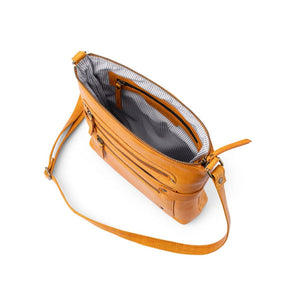 Verona - VCB-004 Leather Top Zip Shoulder Bag Front Pockets - Tan