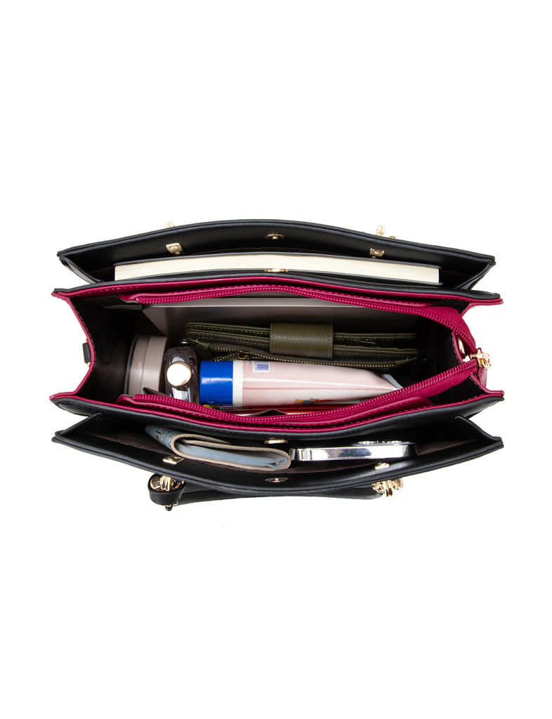Miss Serenade - Nigella Triple Compartment PU bag - Black-Magenta-8