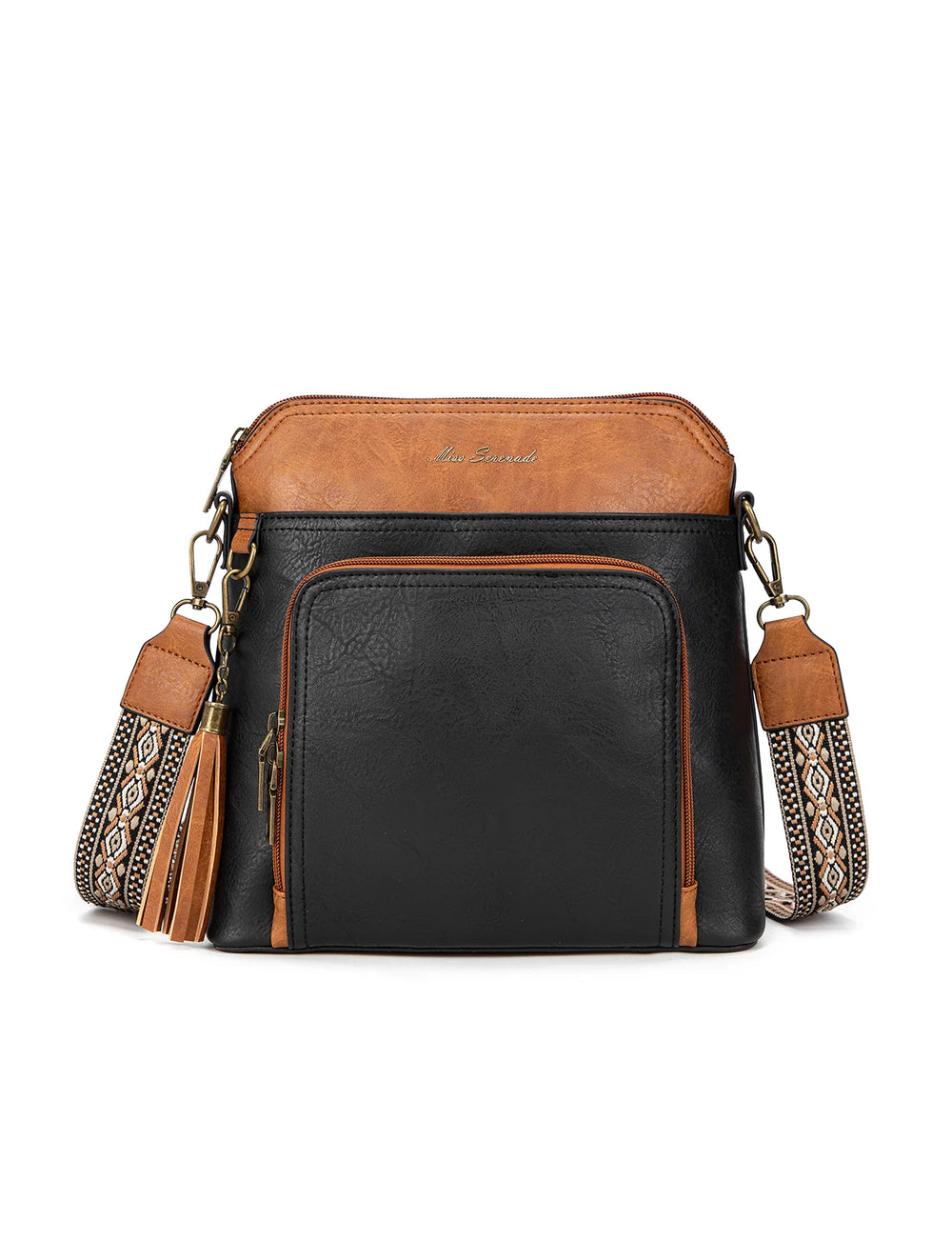 Miss Serenade - XB-2377 Alex Vegan Cossbody Front Pocket - Black/Tan