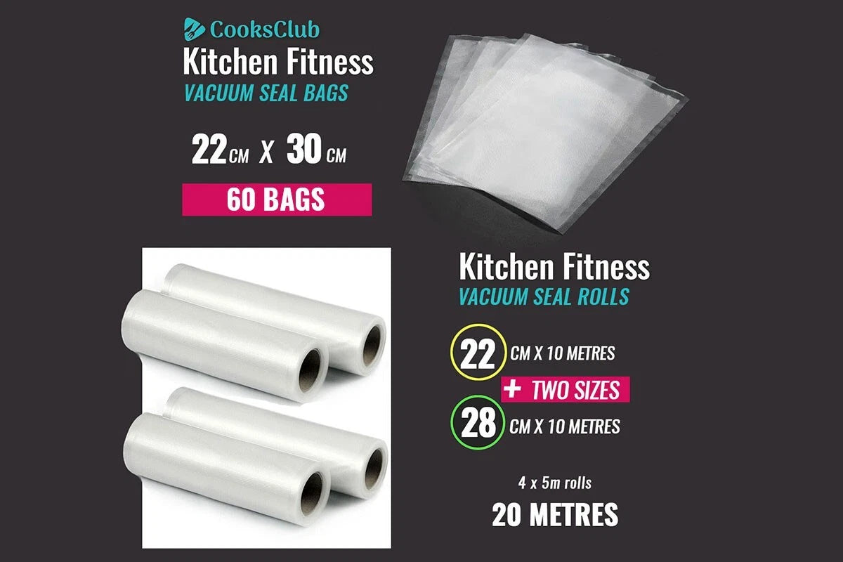 Kitchen Fitness - Vacuum Sealer Kit + 4 Canisters 20mt Rolls & 60 pre made bags -