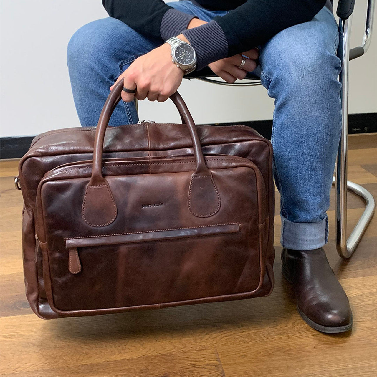 Pierre Cardin Rustic Leather Business/Overnight Bag-4